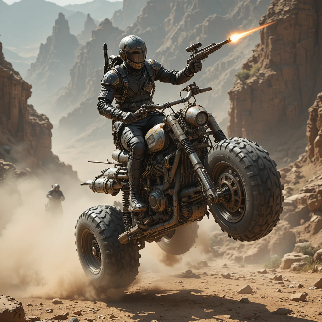 Ghost rider on cyber motorcycle leaping across canyon abyss