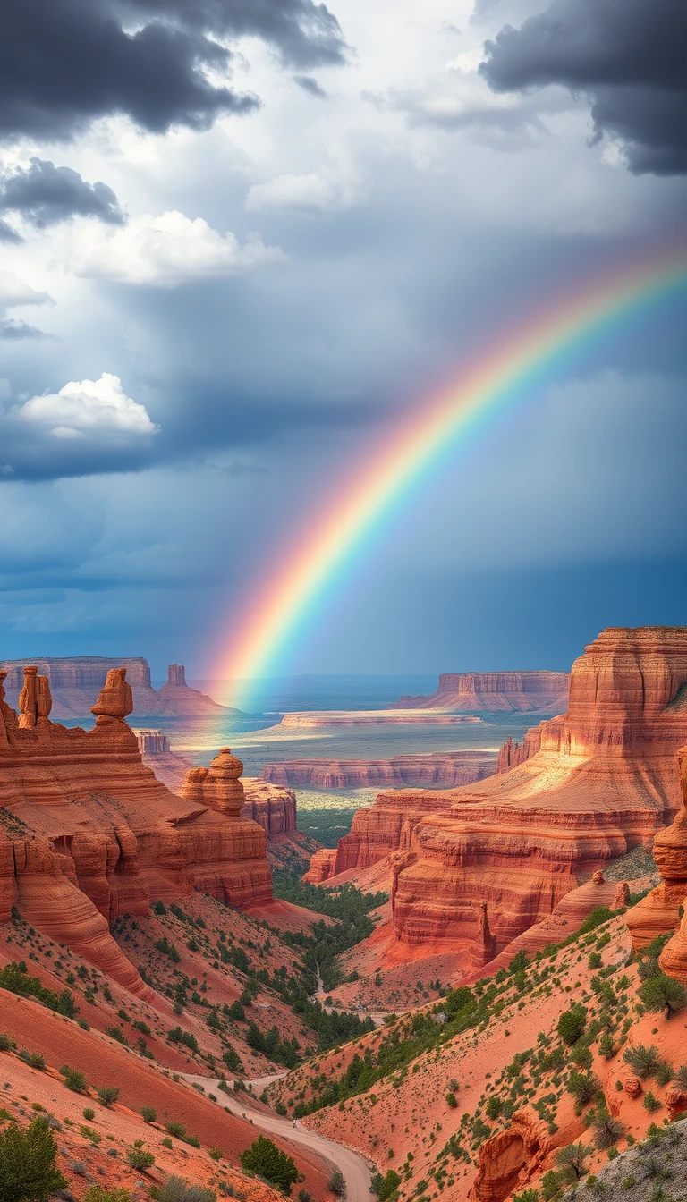 Stürmische Wüstenschlucht mit gigantischen Felsen und Regenbogen
