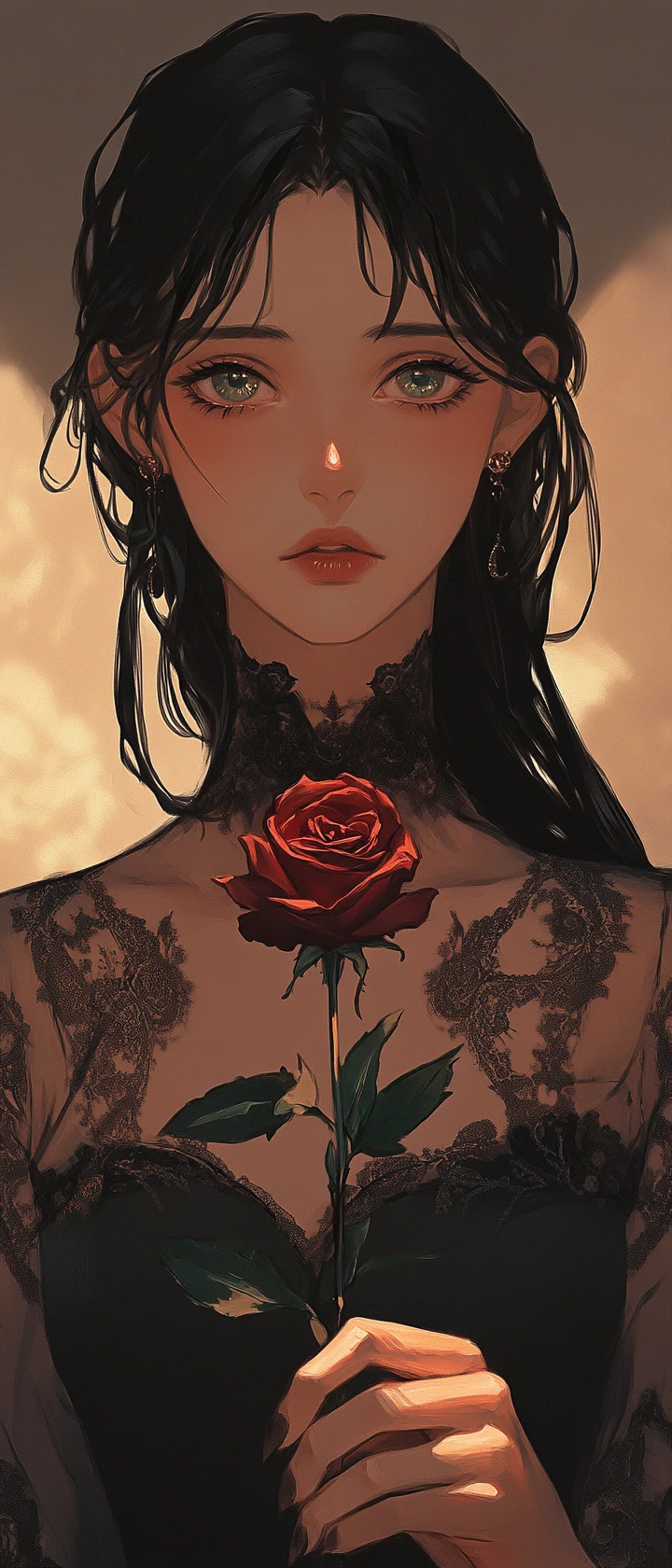 Anime girl with wilting rose in art nouveau portrait