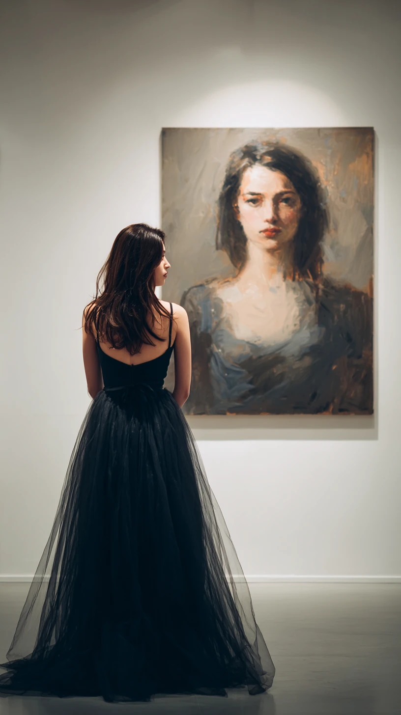 Woman in black dress viewing her own oil portrait