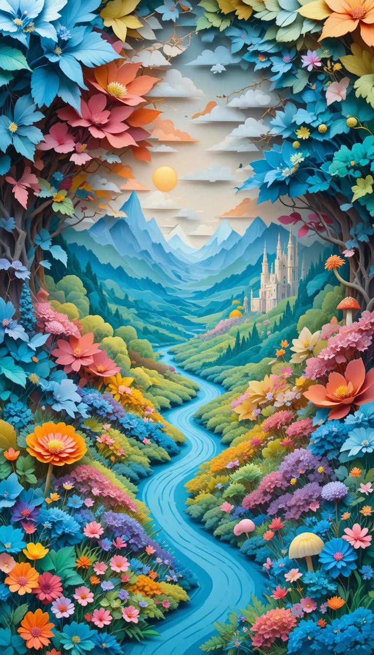 繽紛剪紙風奇幻河流與山脈景觀