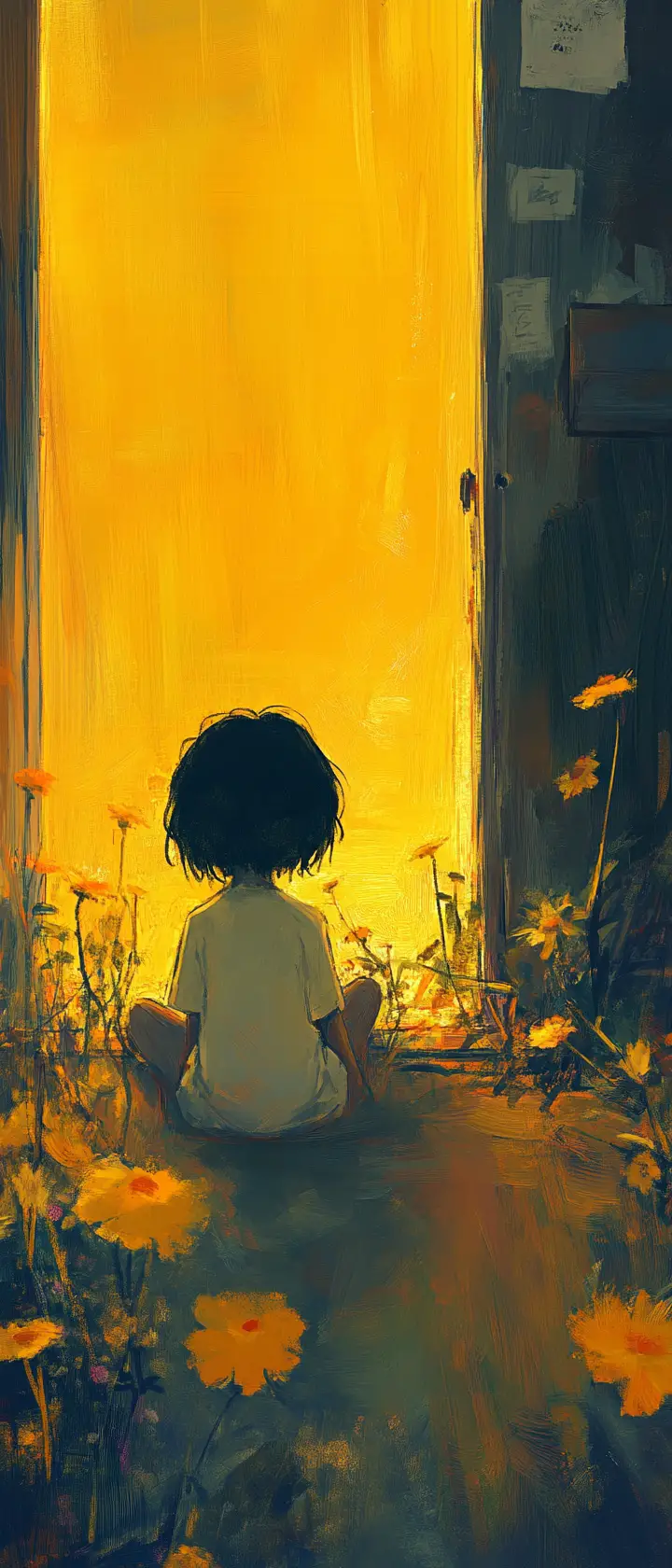 Anime child sitting alone in a dim bedroom