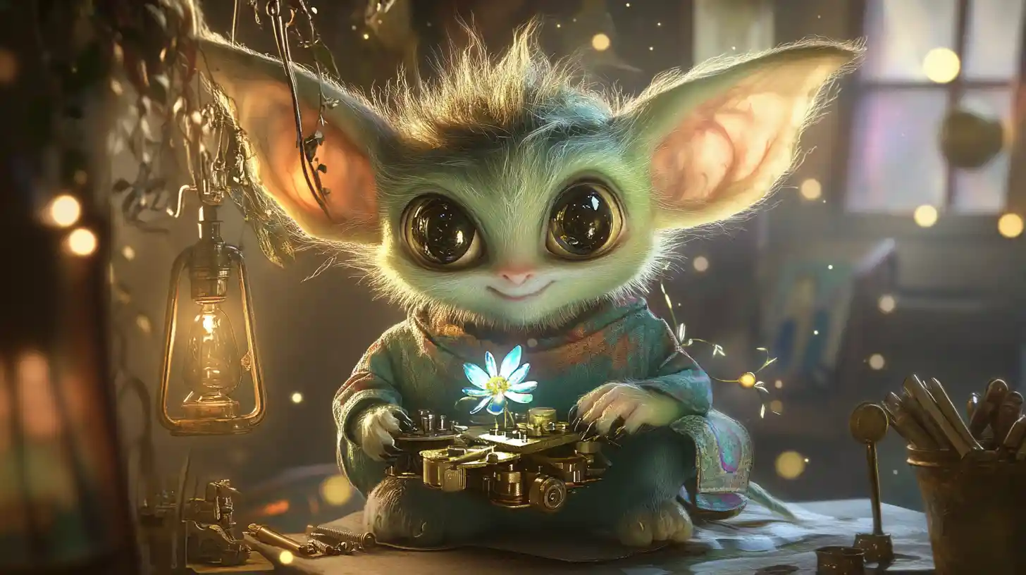 魔法の花の装置を作るかわいい赤ちゃんゴブリン