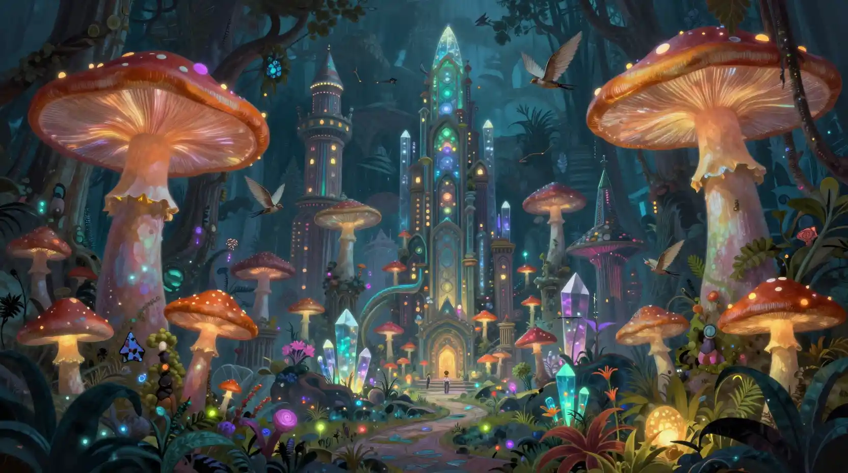 Ciudad de Hongos Bioluminiscentes en una Jungla Alienígena de Noche