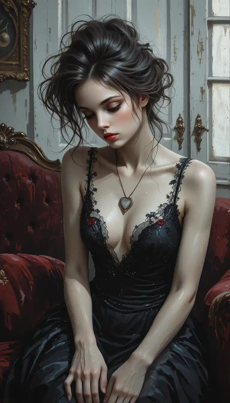 Melancholic woman in black lace dress in vintage interior