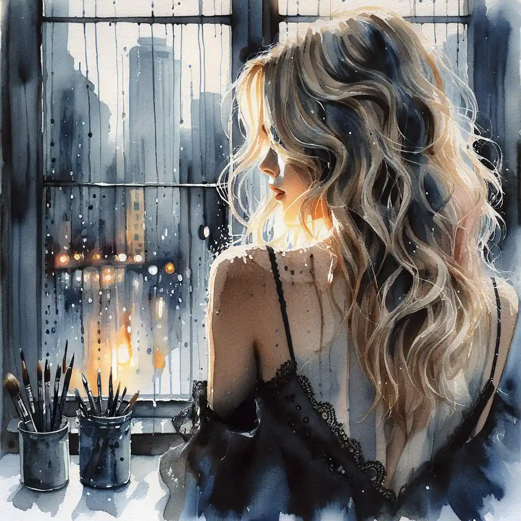 Watercolor woman by rainy window with city lights
