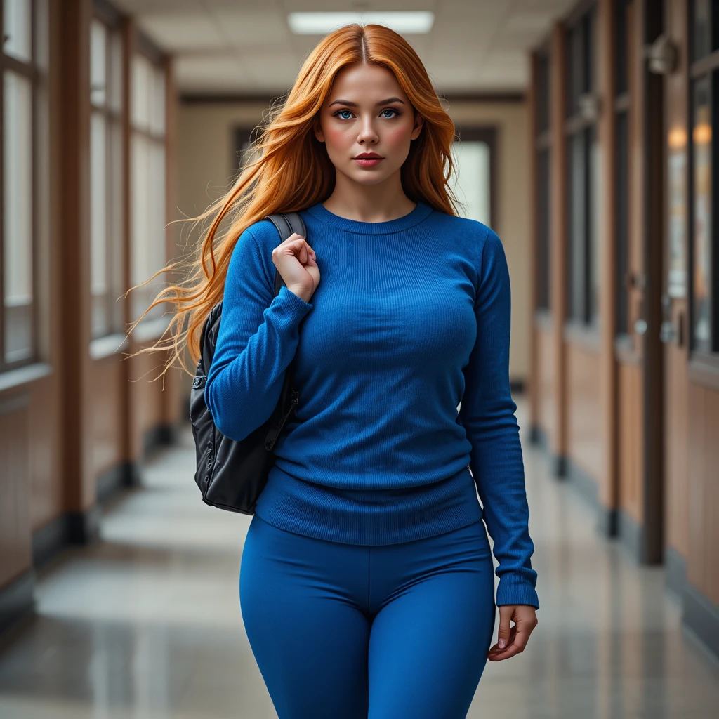 Red haired college woman walking from classroom