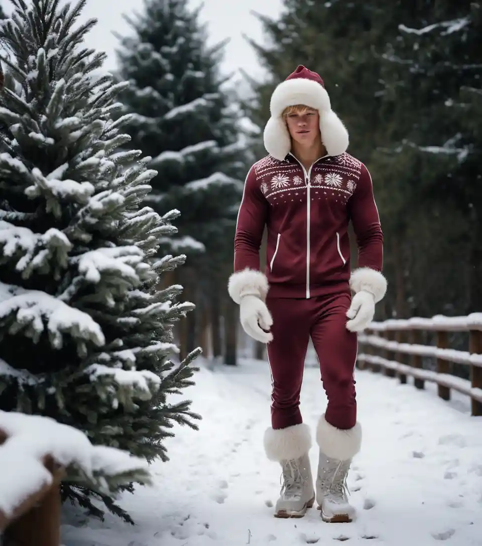 Young blond man walking in a snowy winter forest