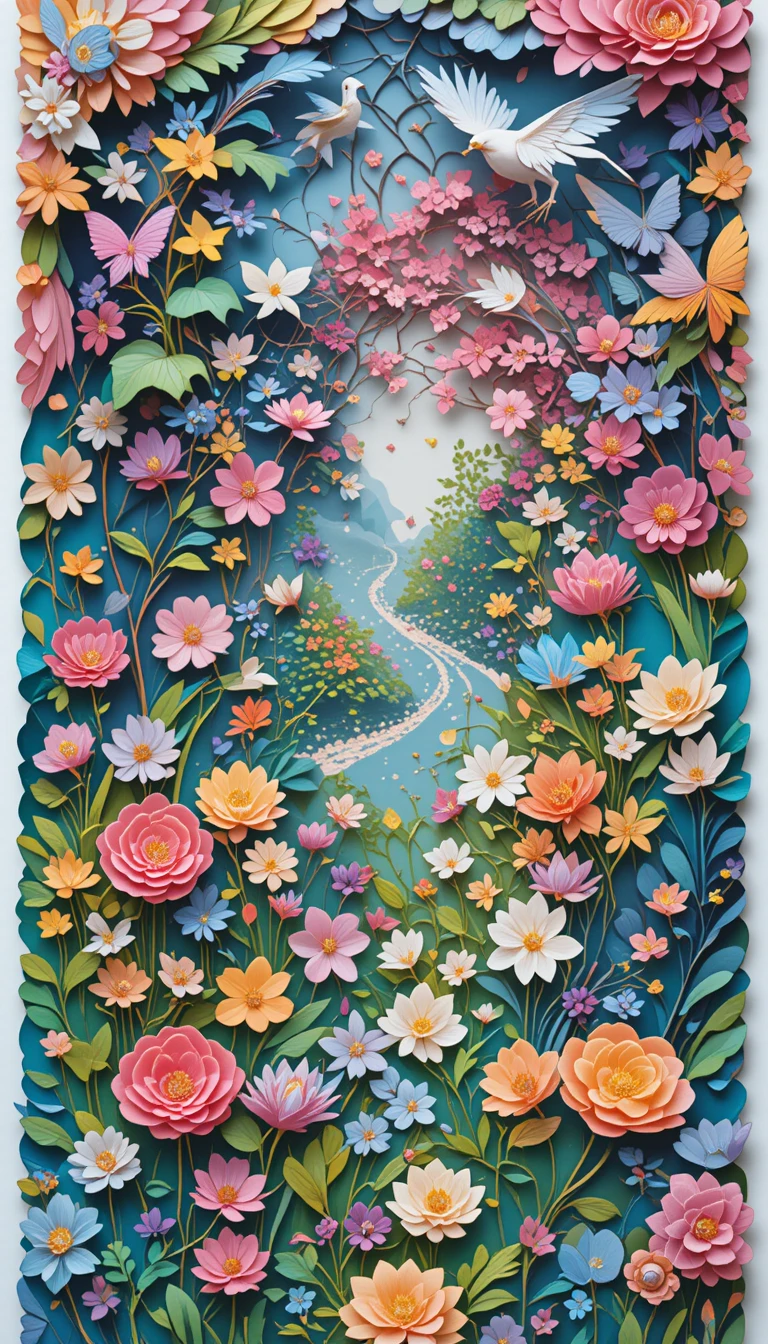 Colorful paper cut garden with flowers and birds