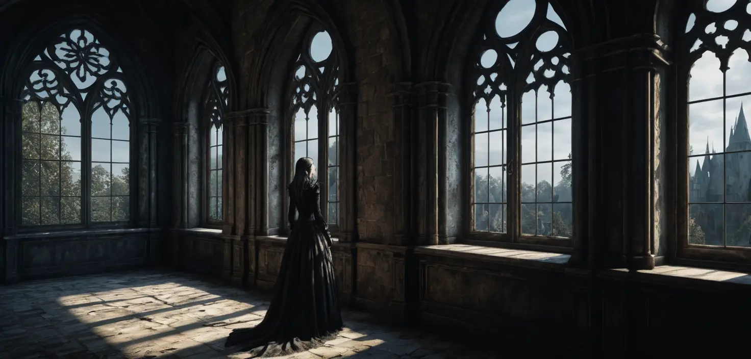 Haunted Castle With Woman Shadow In Gothic Window View