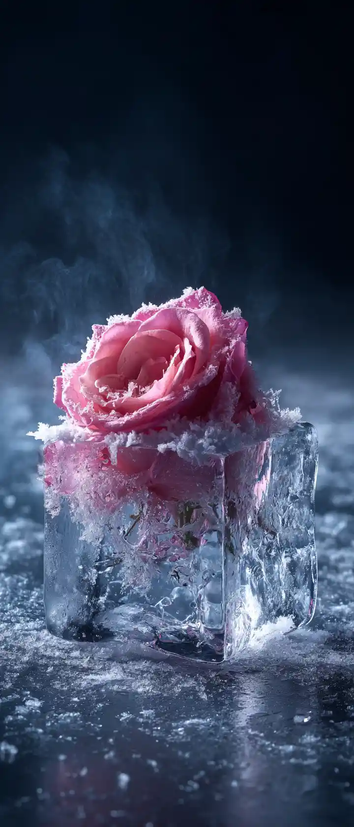 Pink rose frozen inside cracked ice in studio close up