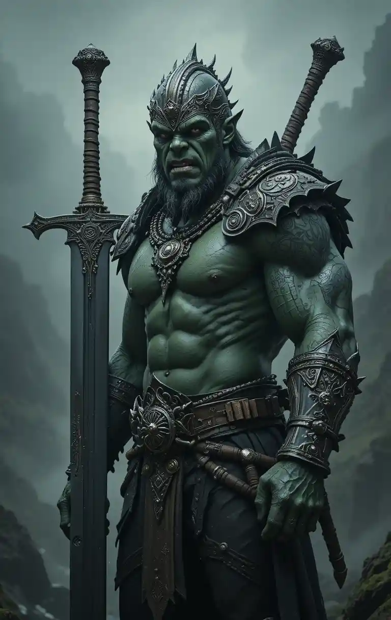 Armored green orc warrior with sword in misty background