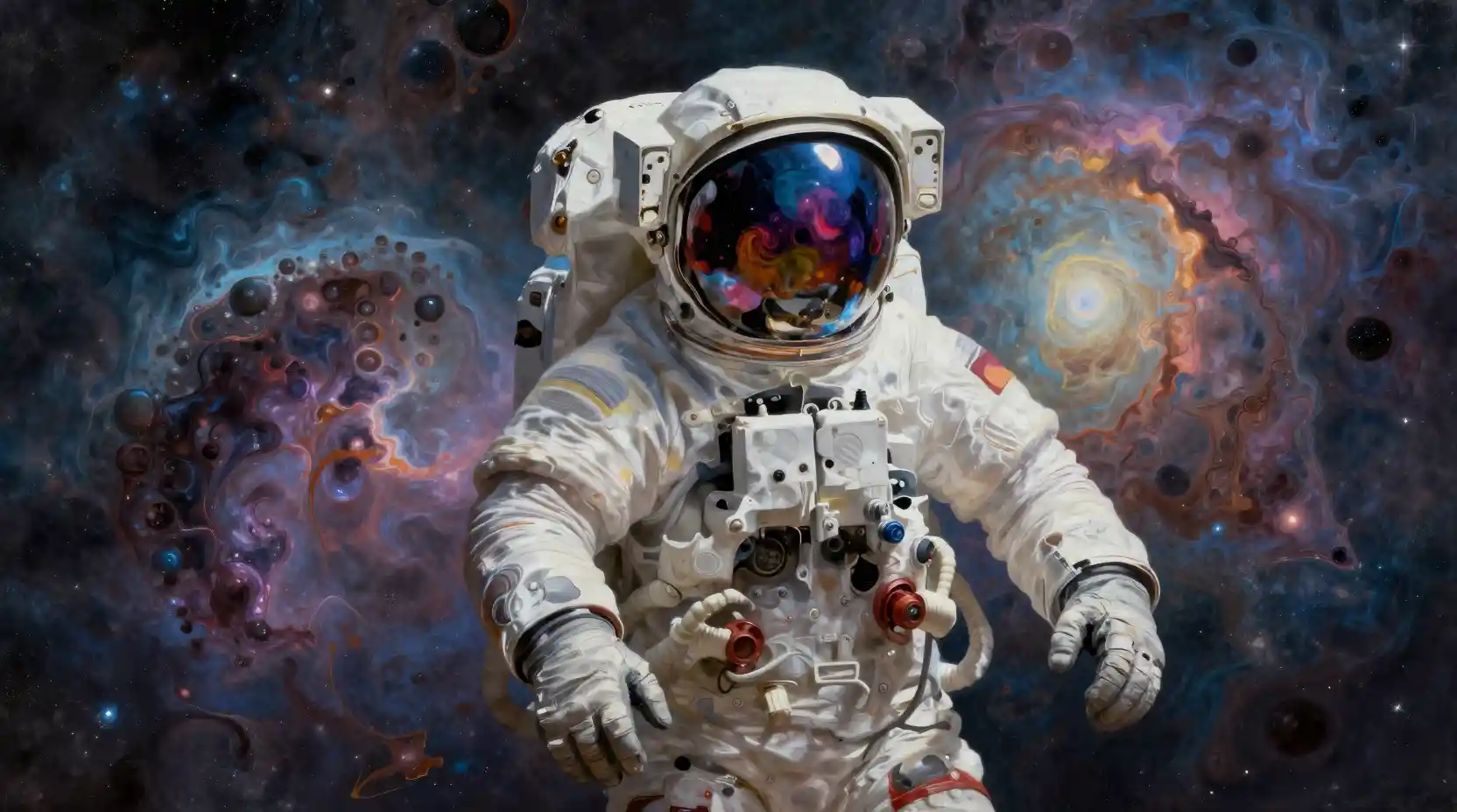 Astronauta à deriva em um vívido oceano cósmico abstrato
