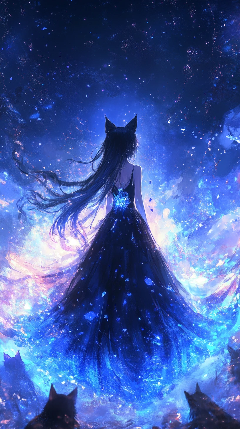 黃昏夜空下的優雅貓耳動漫少女