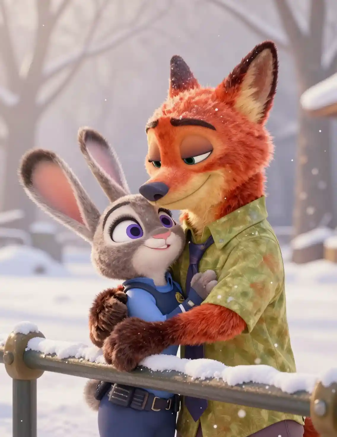 Plush fox and rabbit cuddling on snowy railing