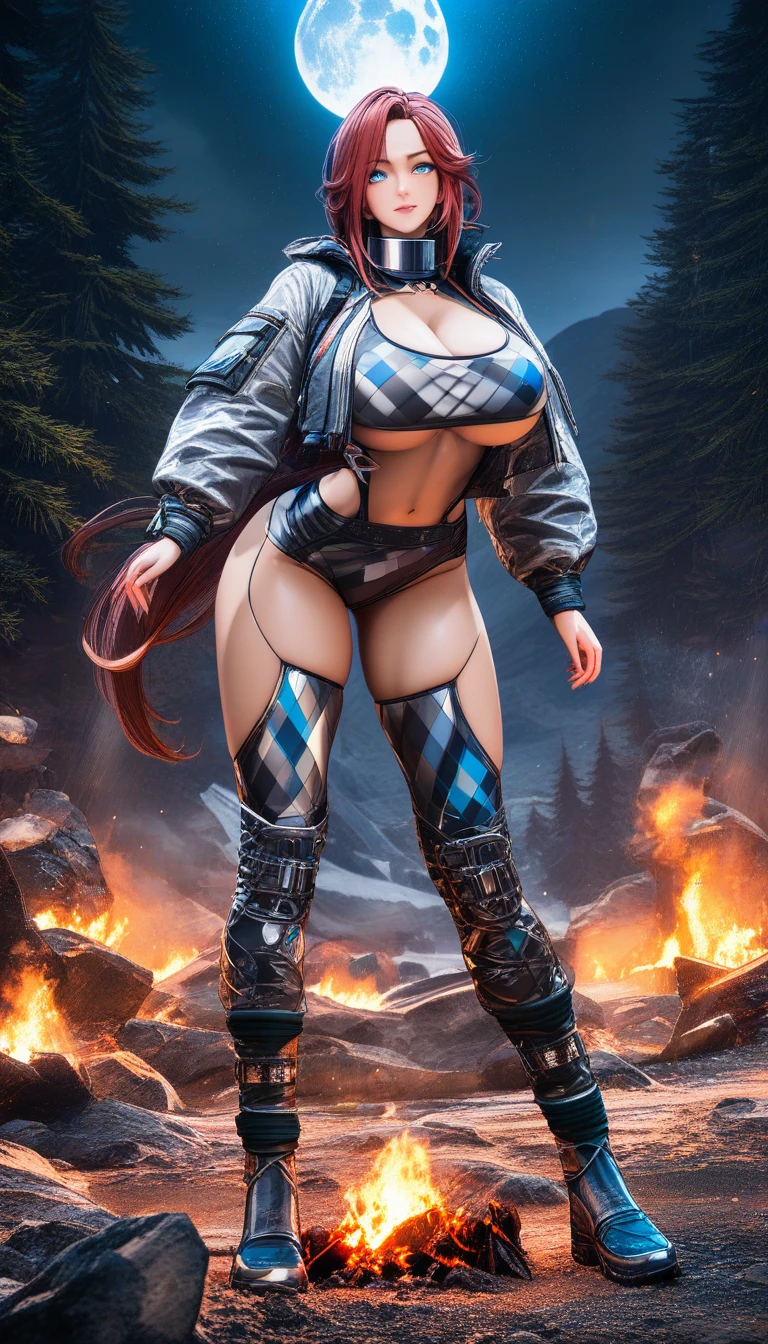 Artemis inspired huntress with bow by a moonlit campfire