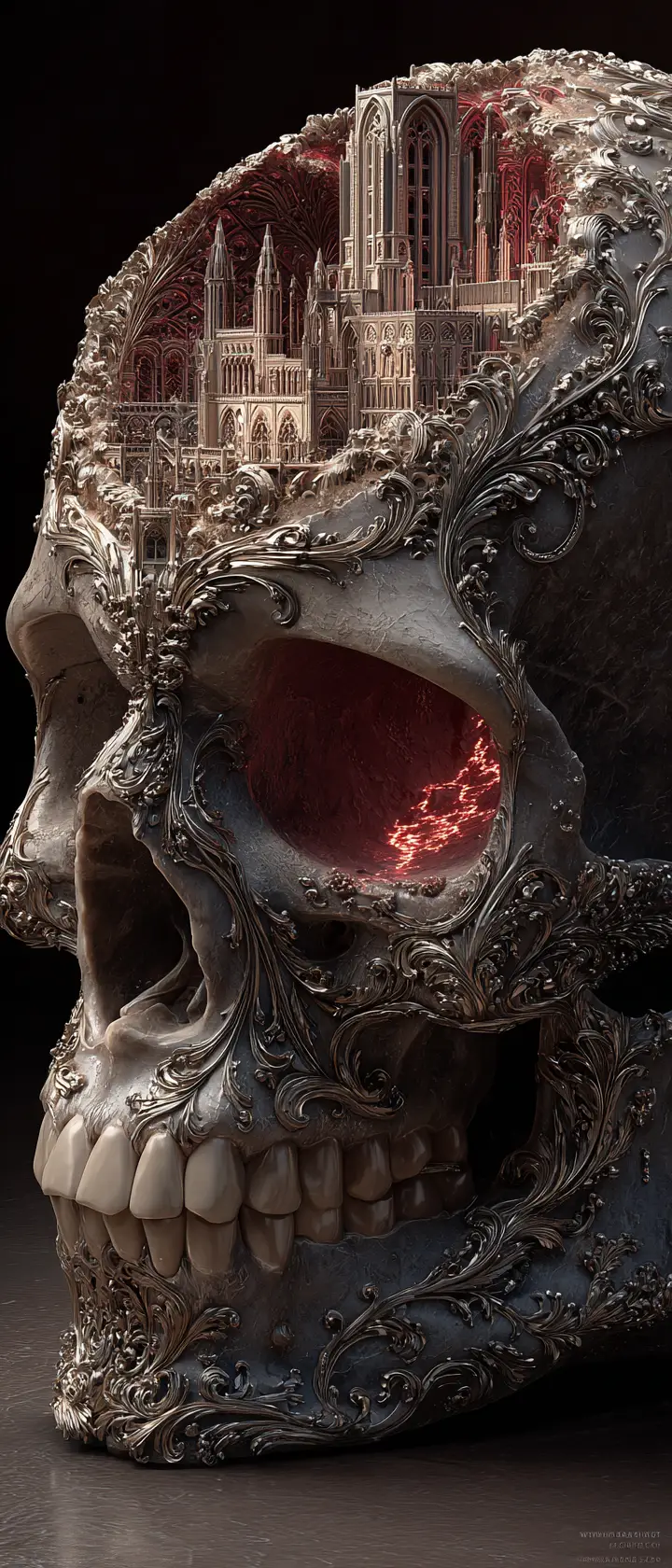 Baroque Skull With Gothic Cathedral And Molten Red Interior