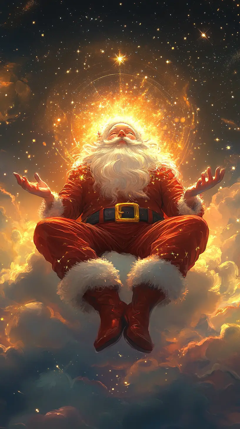 Celestial figure in a starry red suit on a cloud