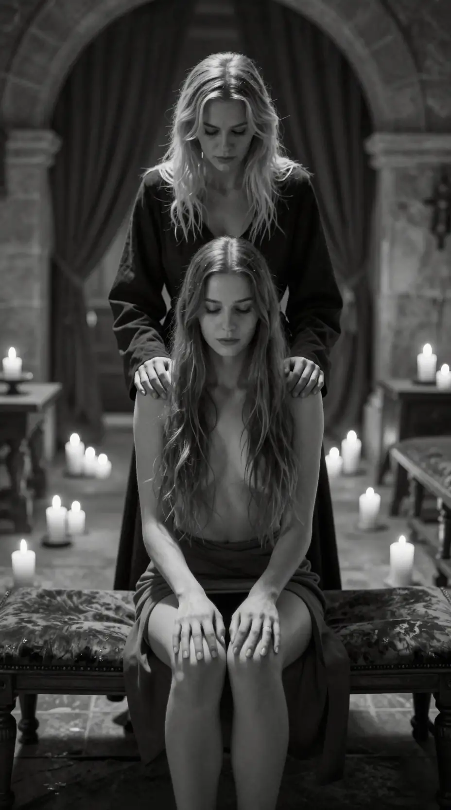 Two women in intimate candlelit medieval interior portrait