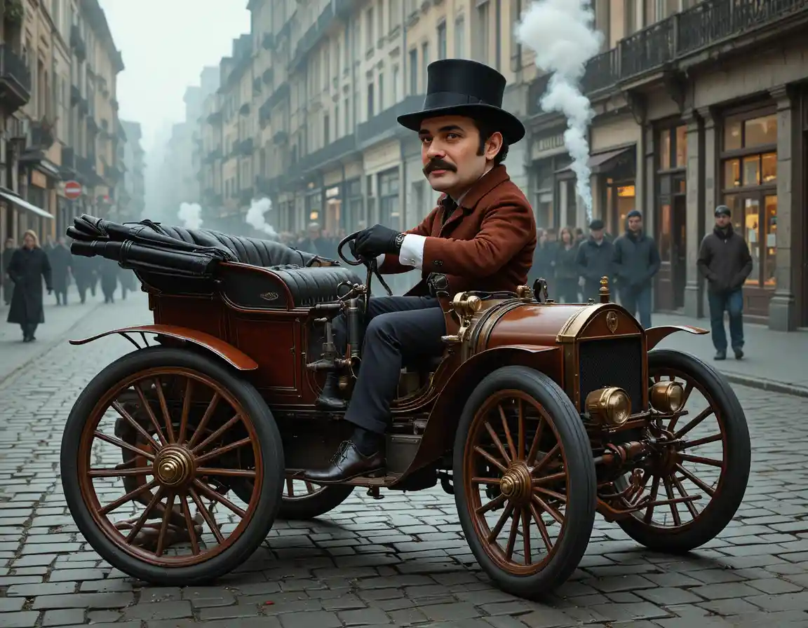 Homem dirigindo carro vintage em rua de paralelepípedos enevoada na cidade