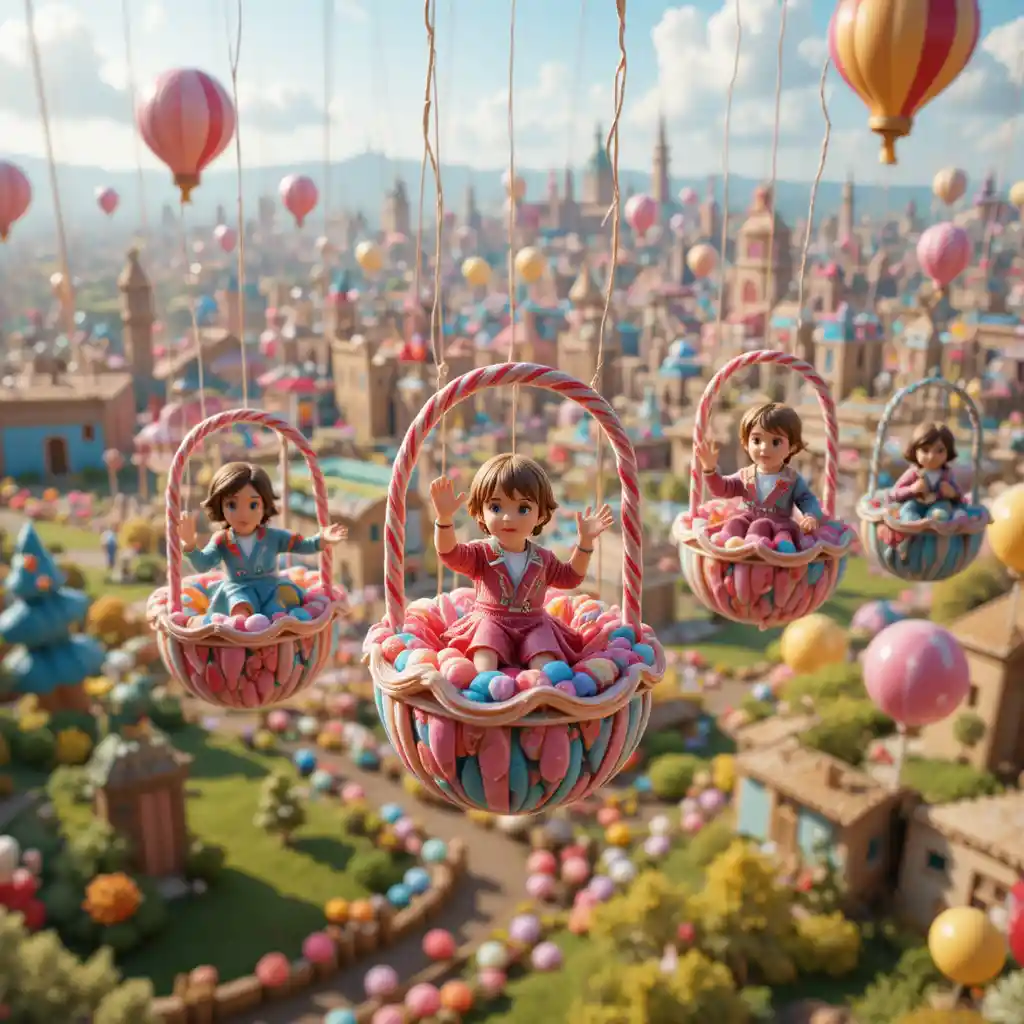Whimsical CGI Panoramic Of A Floating Candy Cityscape