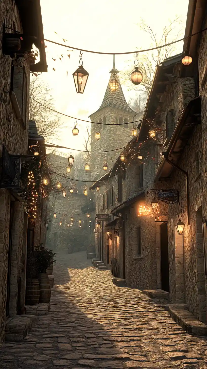 Mystical Slovenian village glowing on New Years Eve night