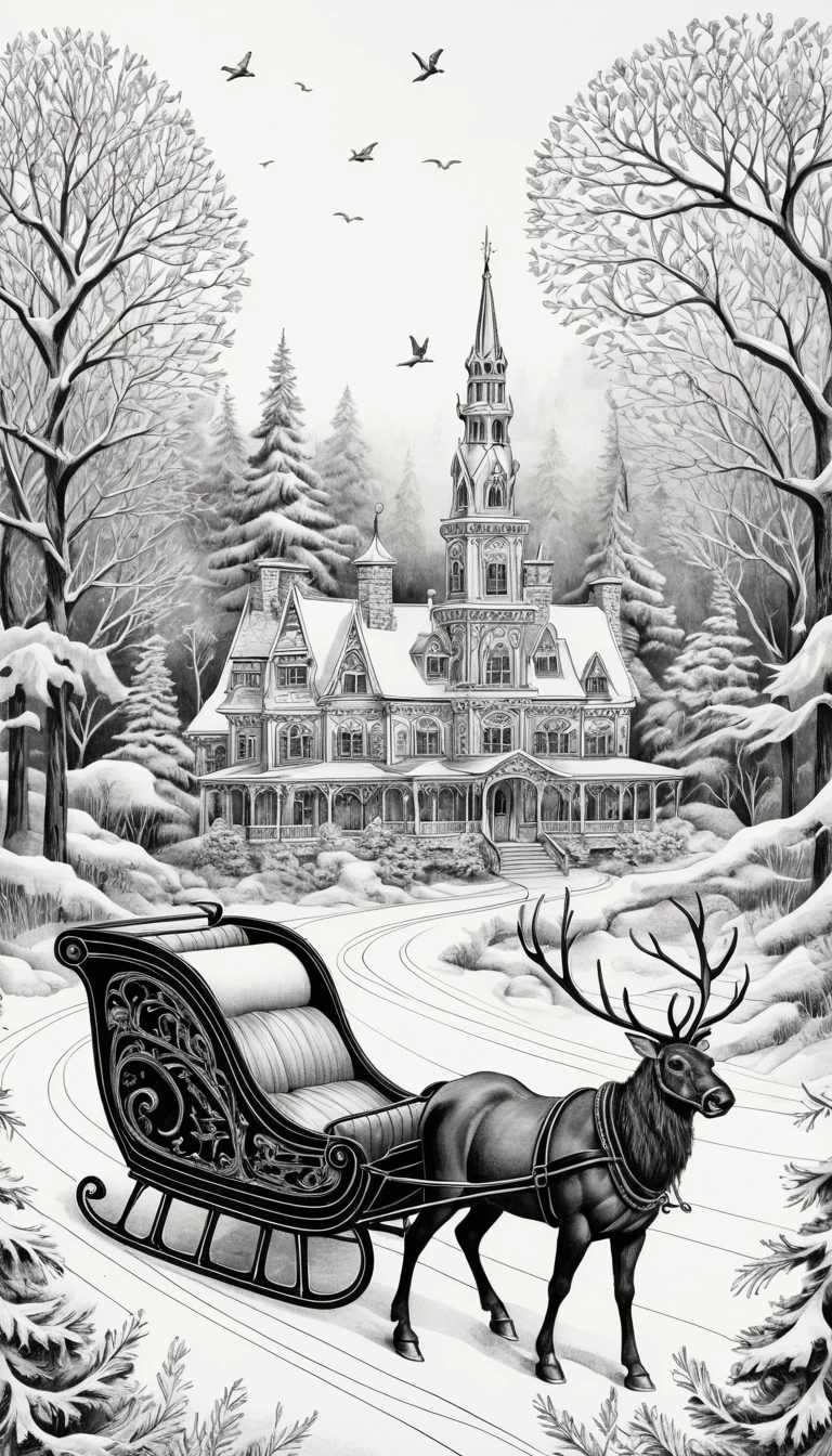 Whimsical ink sleigh gliding through a snowy wonderland