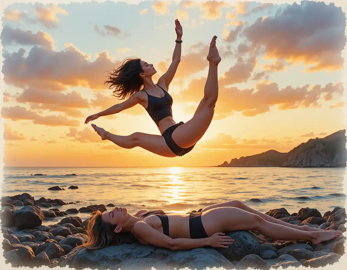 Paar macht Aerial Yoga über felsigem Strand bei Sonnenuntergang