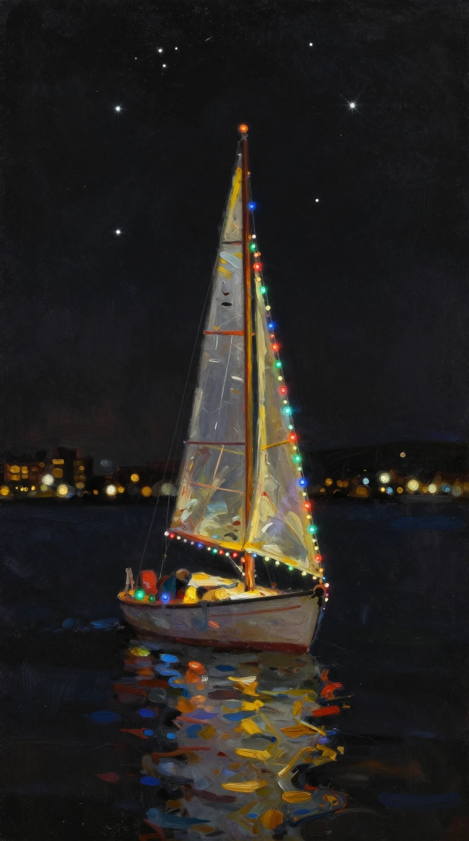 Sailboat Wrapped In Christmas Lights On Calm Night Water