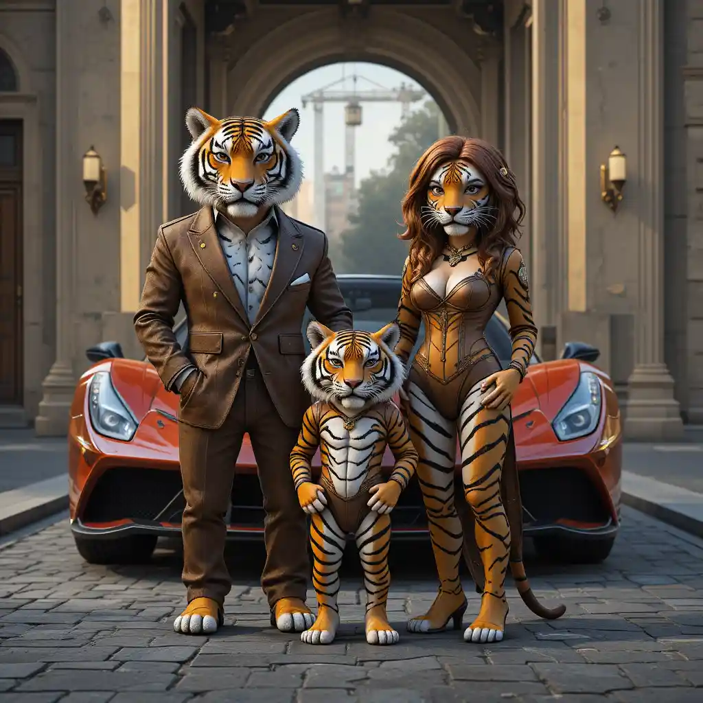 3D-Tigerfamilie im Anzug vor einer luxuriösen Villa