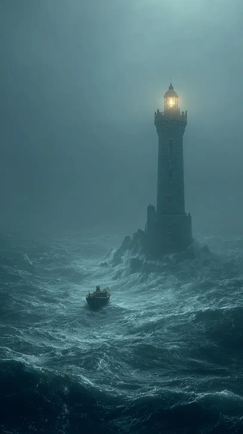 Small tugboat battling stormy waves near a looming lighthouse