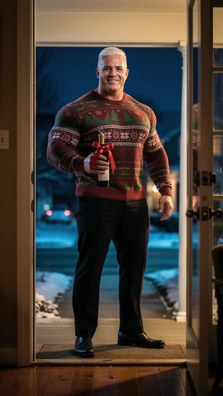Muscular man in christmas sweater framed by open front door