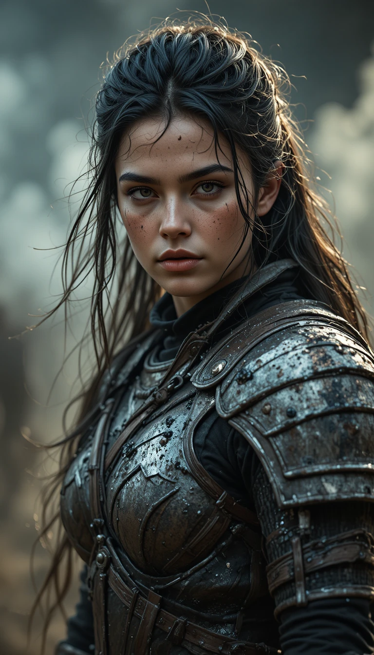 Cinematic portrait of a female warrior in smoky clearing