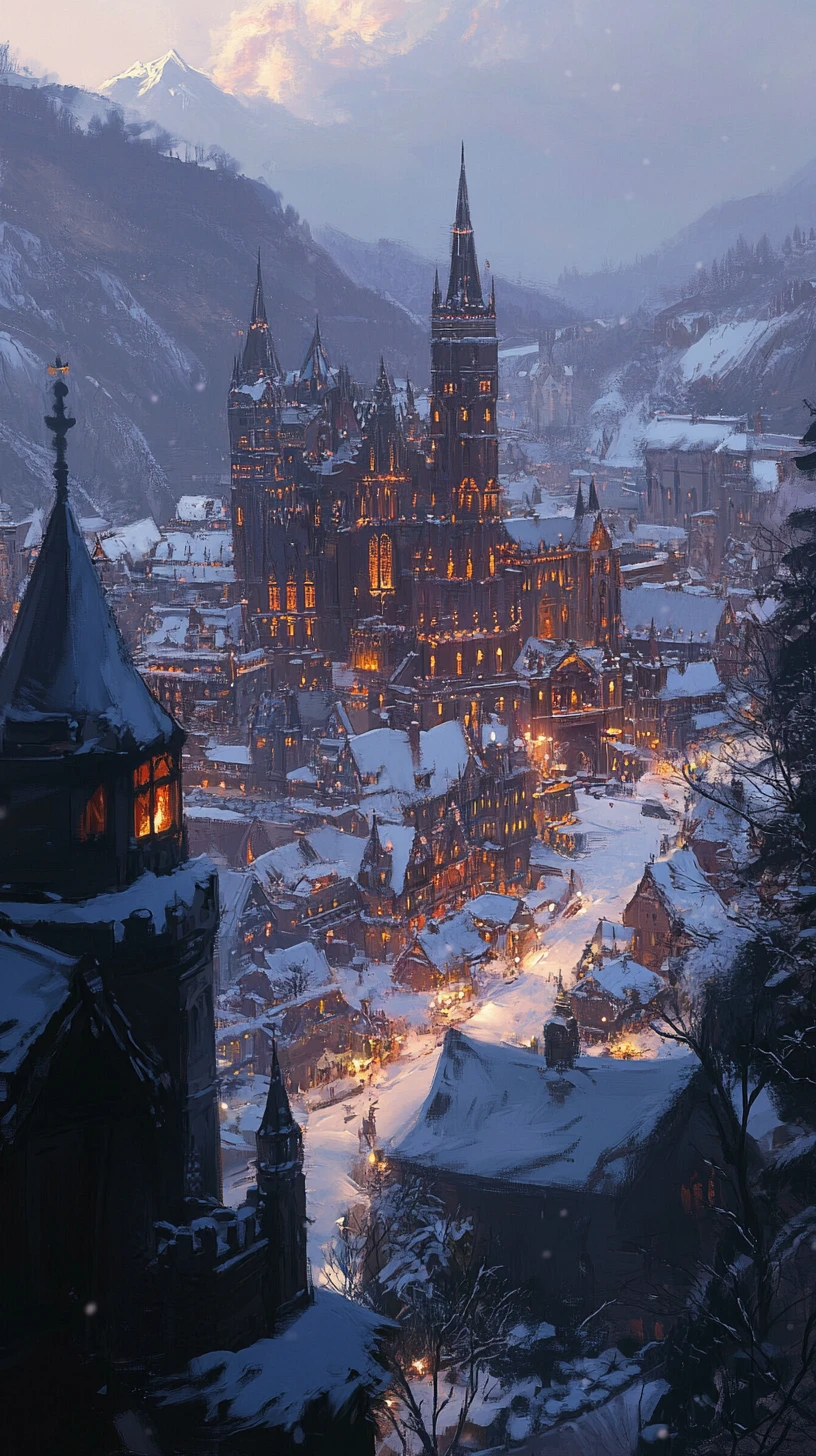 Medieval castle and marching army under a winter night sky