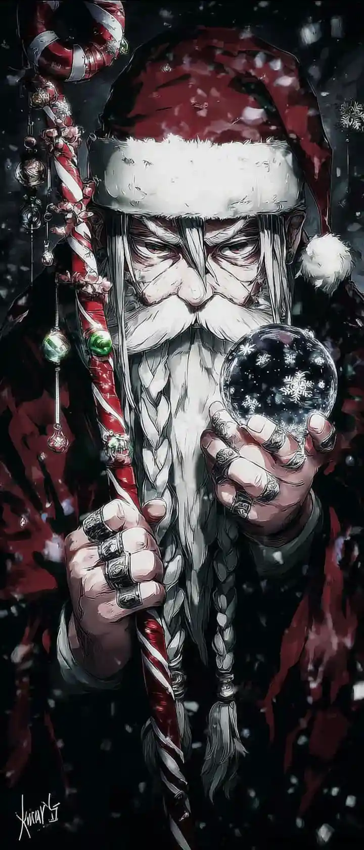 Battle worn arcane wizard holding a glowing Christmas snow globe