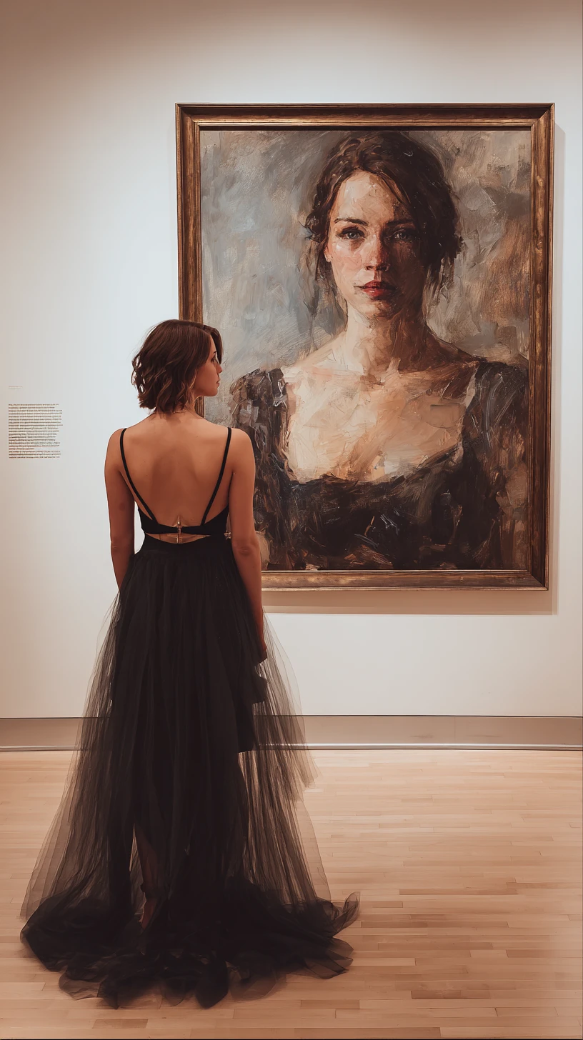 Woman in black dress viewing her own gallery portrait