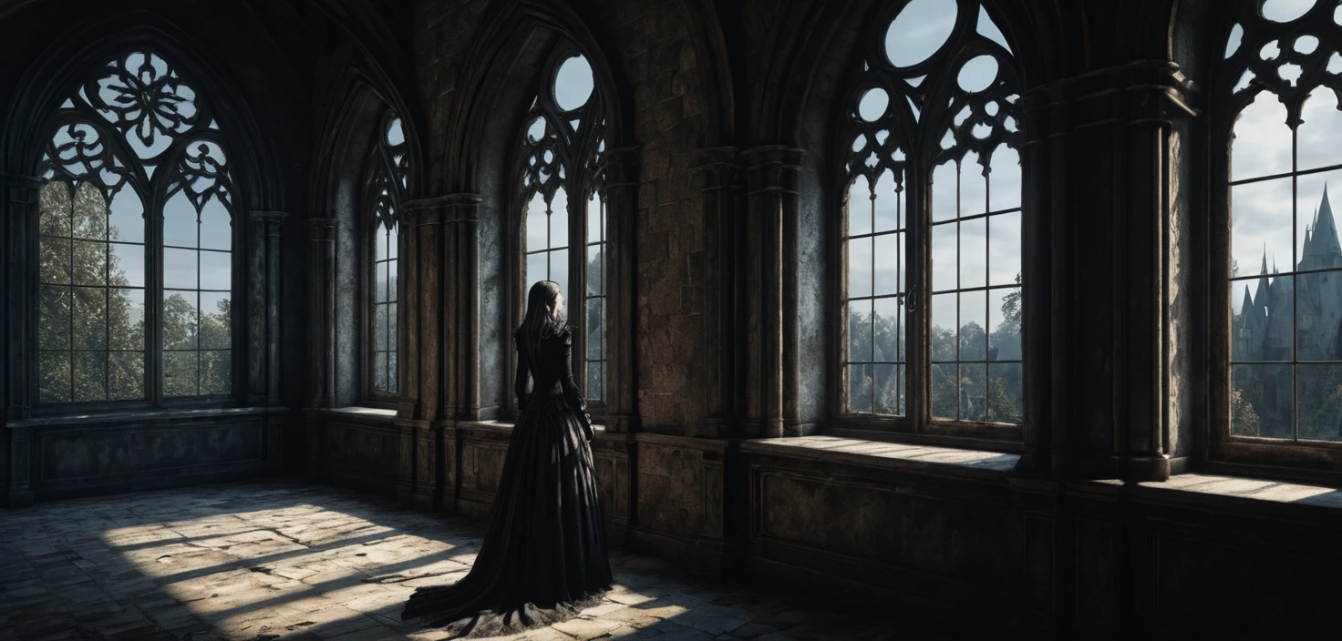 Haunted Castle With Woman Shadow In Gothic Window View