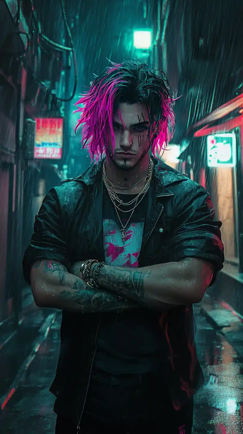 Pinkhaariger Anime-Mann in einer neonbeleuchteten, regennassen Gasse