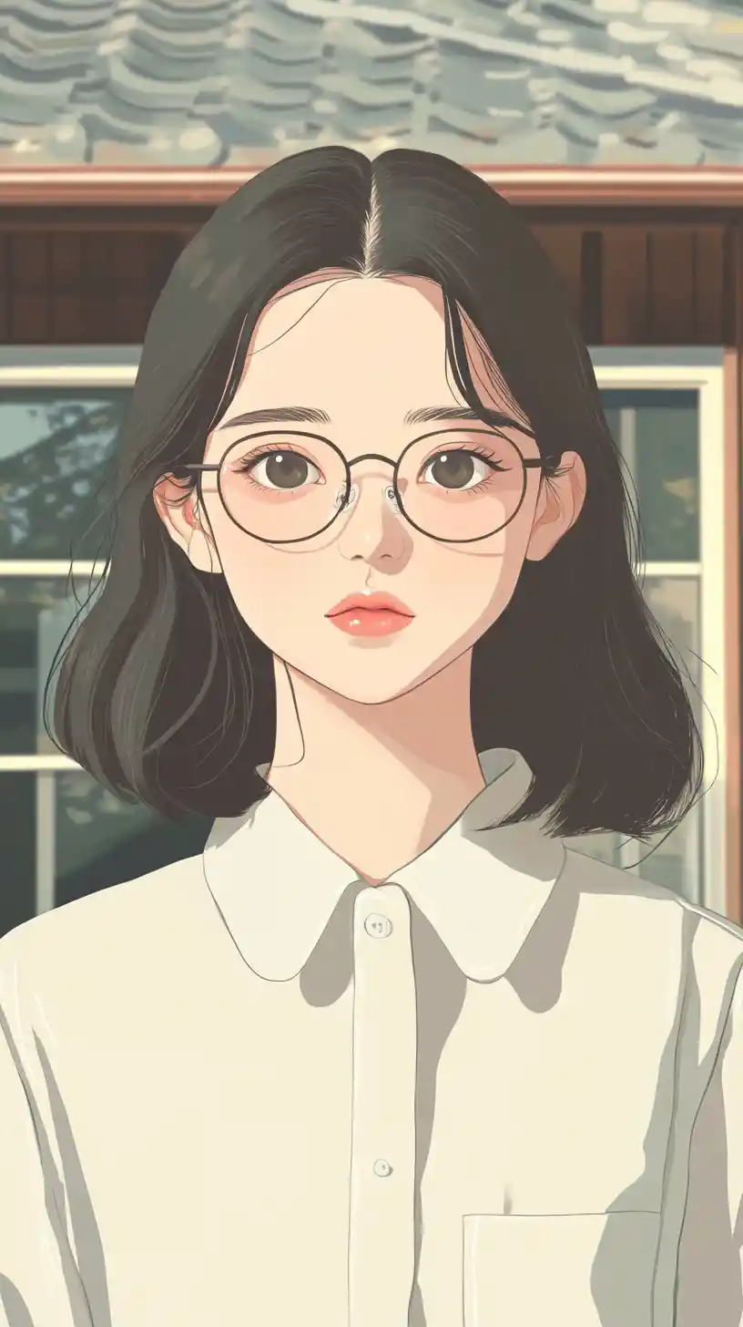 Elegant Japanese schoolteacher in vintage uniform and glasses