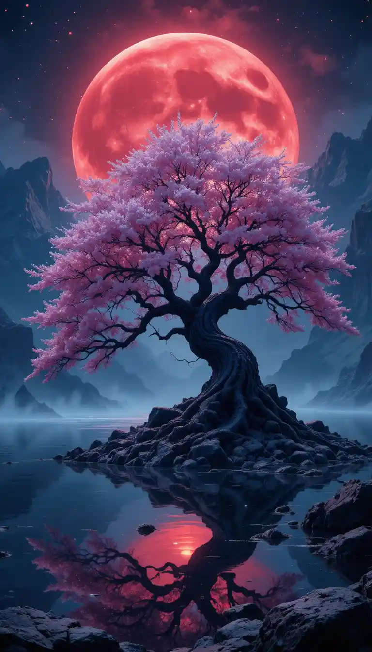 Lua carmesim sobre sakura ancestral à beira de um lago de montanha tranquilo