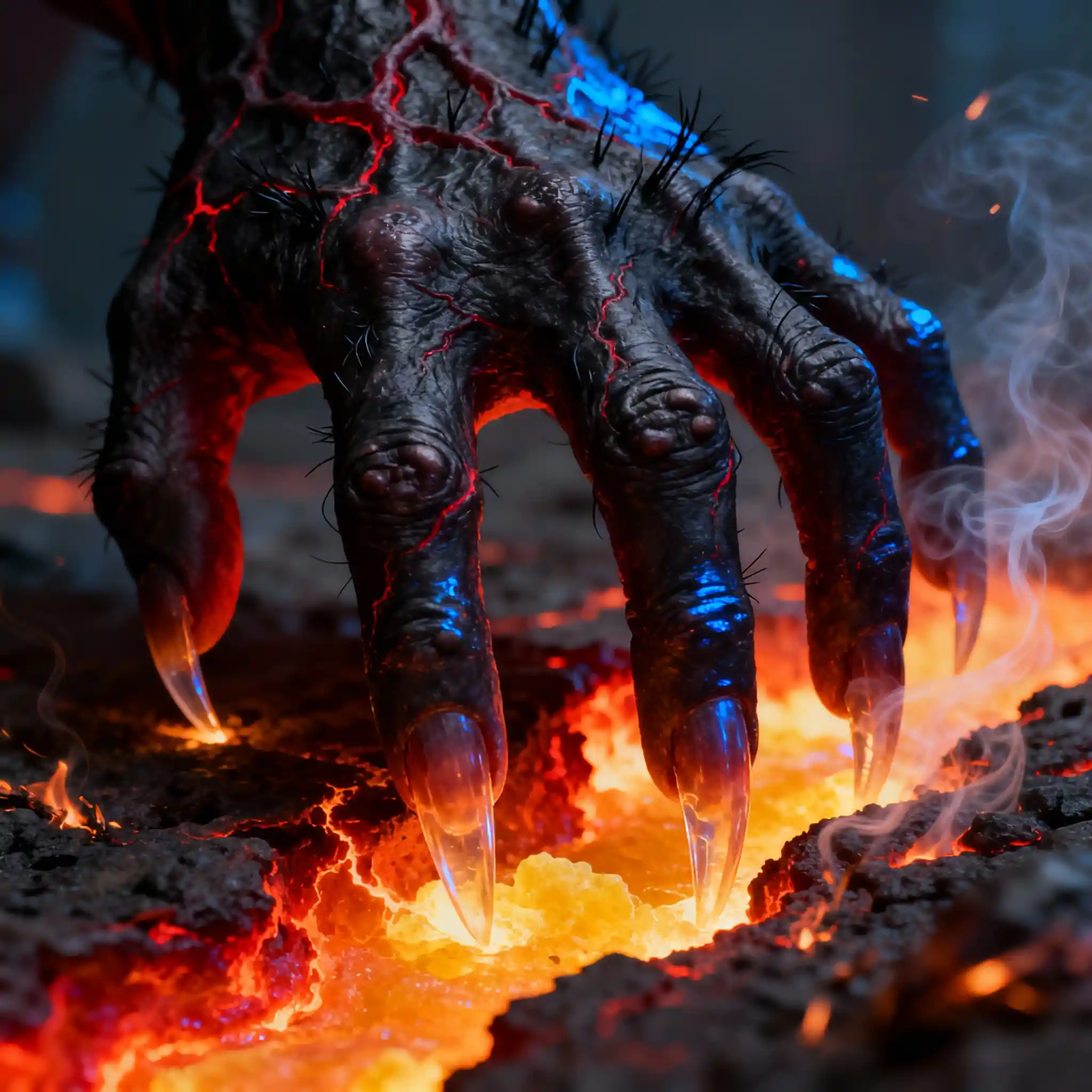 Demonic hand clawing through fiery brimstone in macro detail