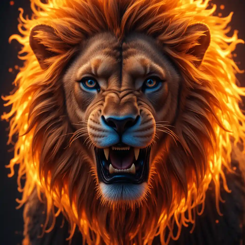 Fiery maned lion close up with blazing blue eyes