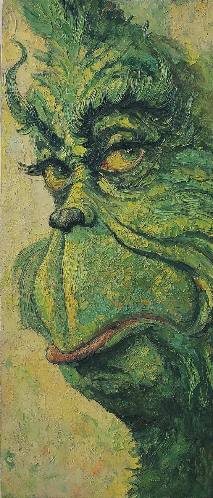 Post impressionist side portrait of a green grinch figure