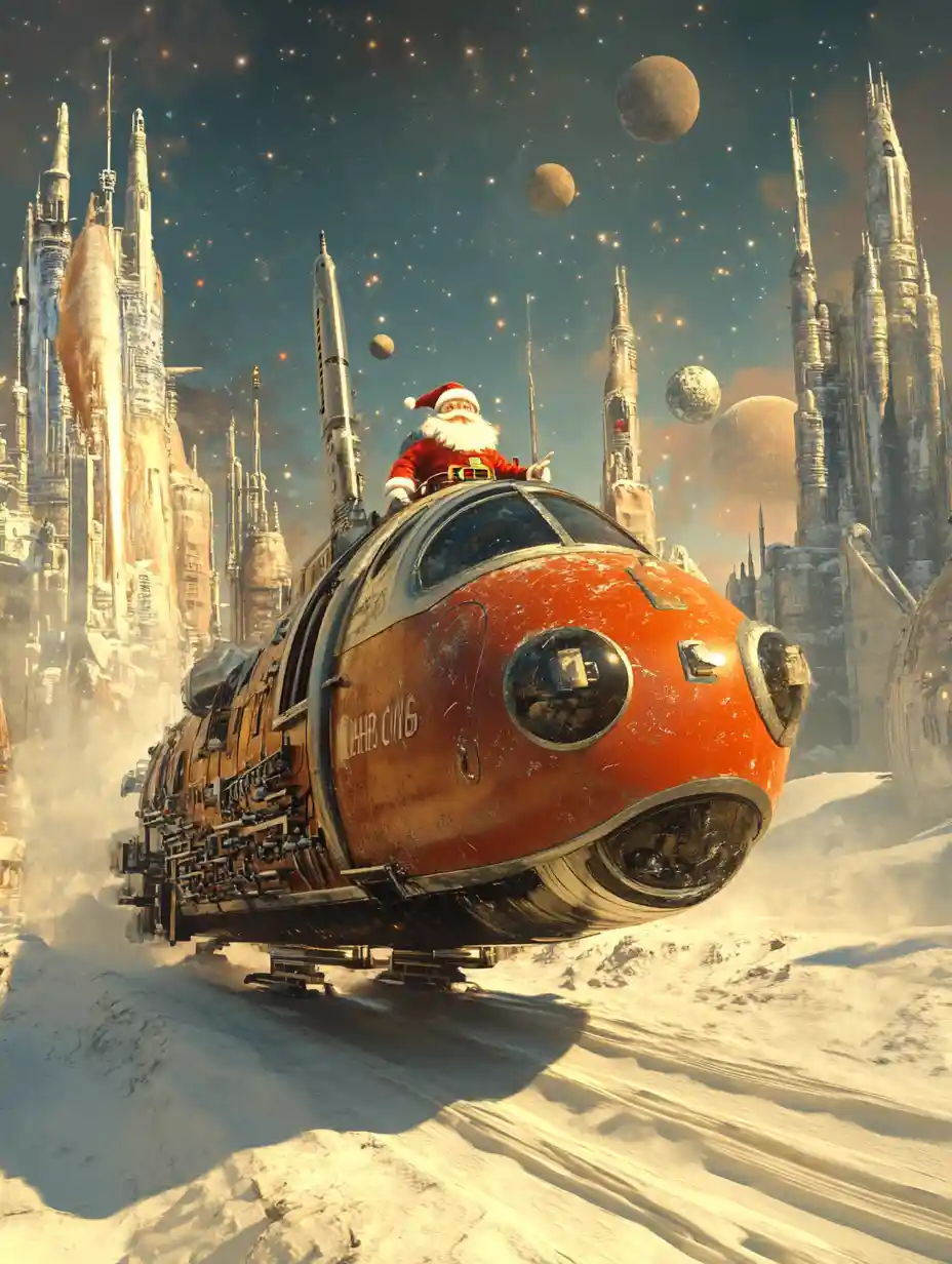 Futuristic Santa Claus Flying Through Outer Space