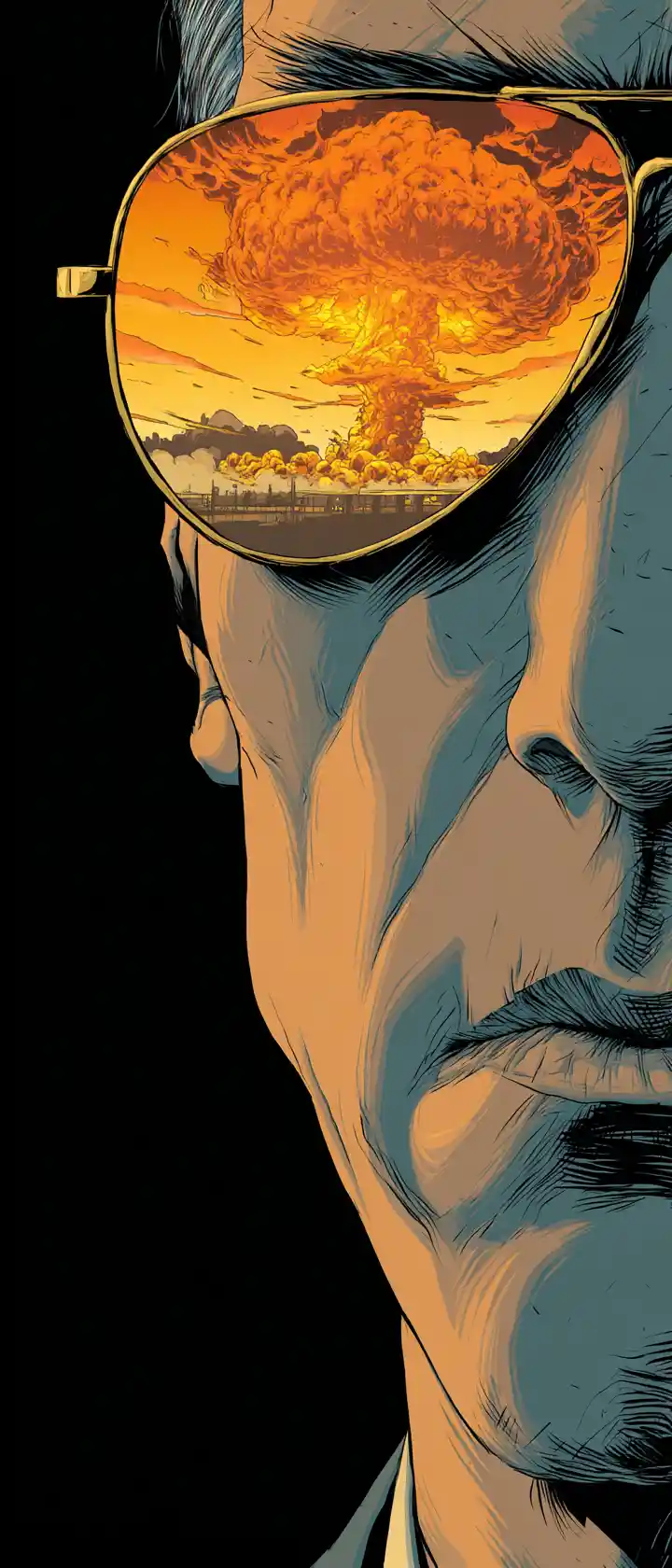 Man in aviator sunglasses watching distant nuclear explosion