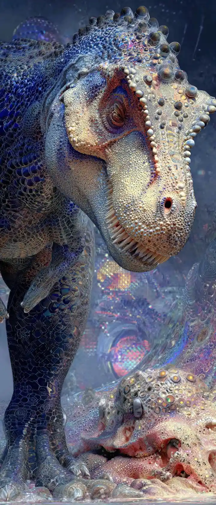 T rex in piedi sopra un dinosauro caduto in una luce intensa
