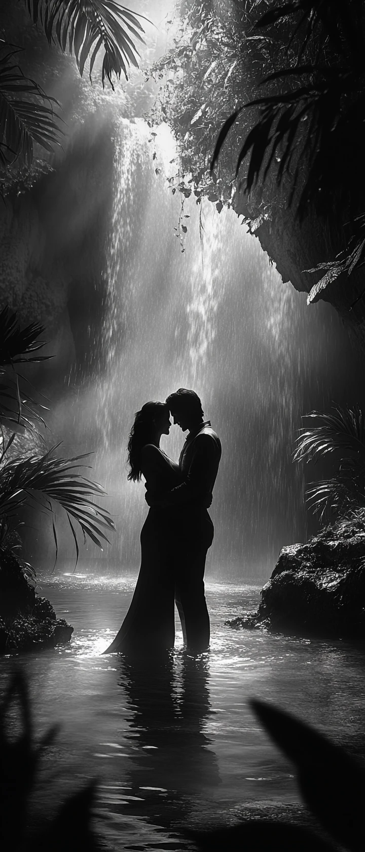 Romantic couple embracing under a misty waterfall at dusk