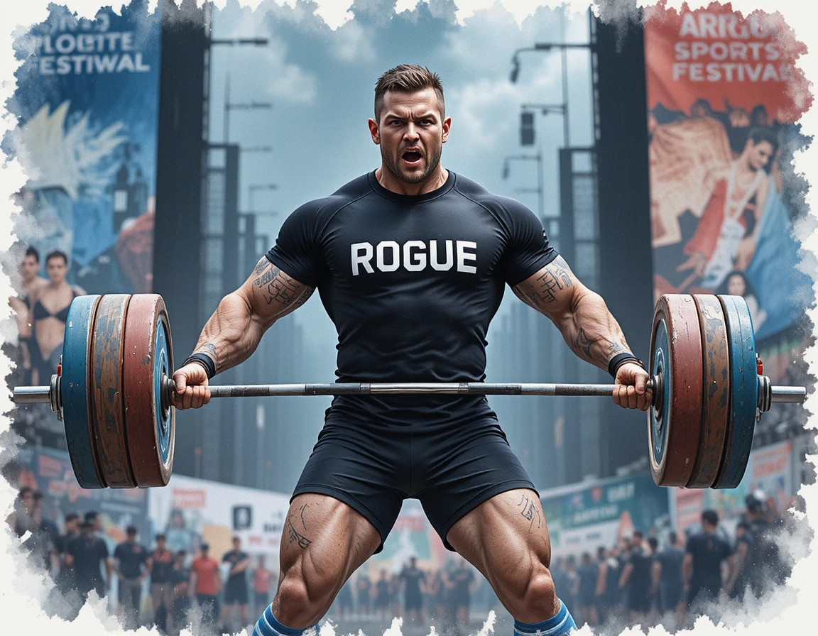 Muscular weightlifter straining during heavy barbell lift