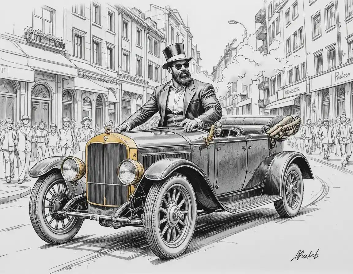 Bearded man in black suit driving a vintage city car