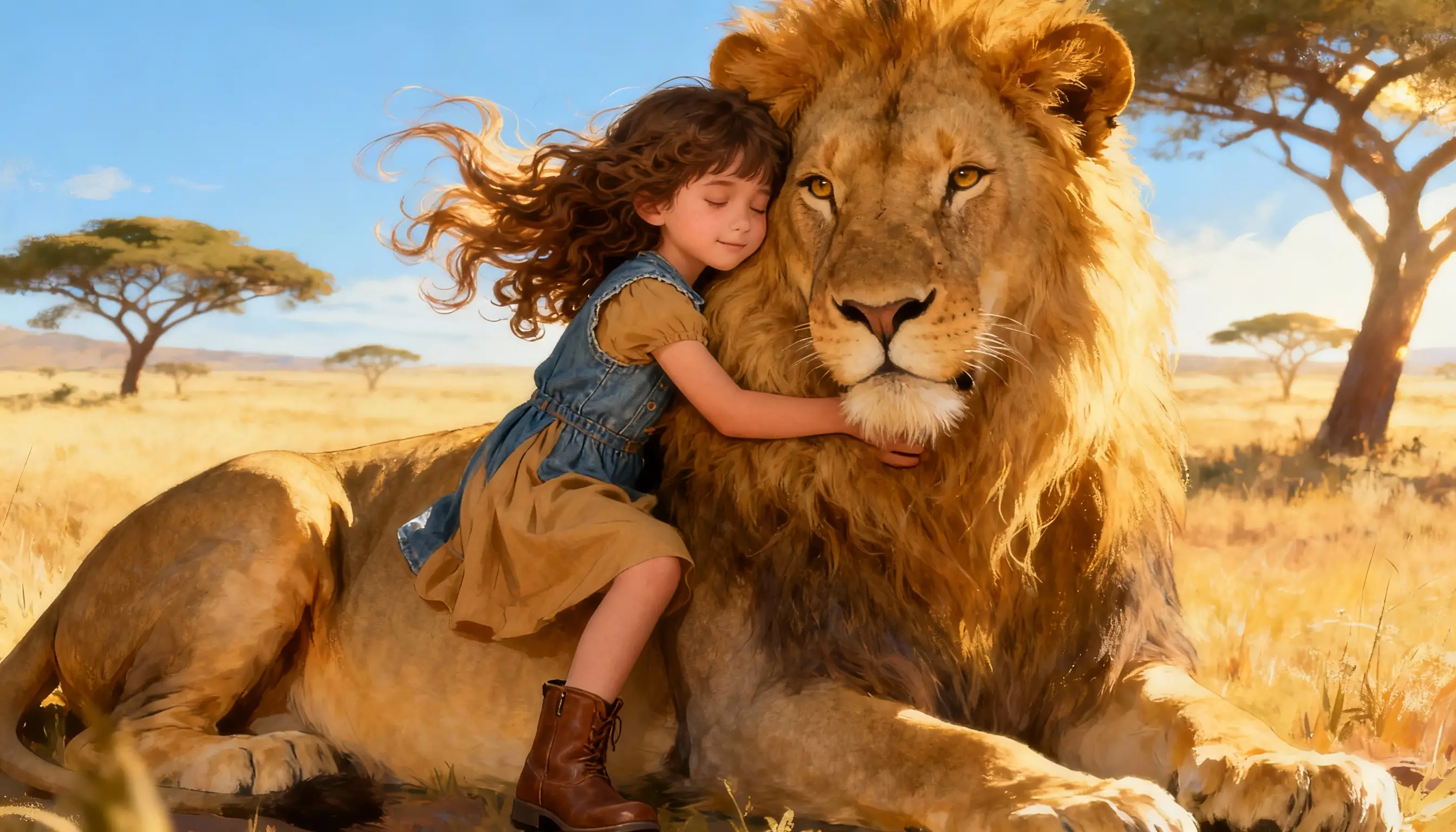 Young girl hugging a majestic lion in sunny savannah